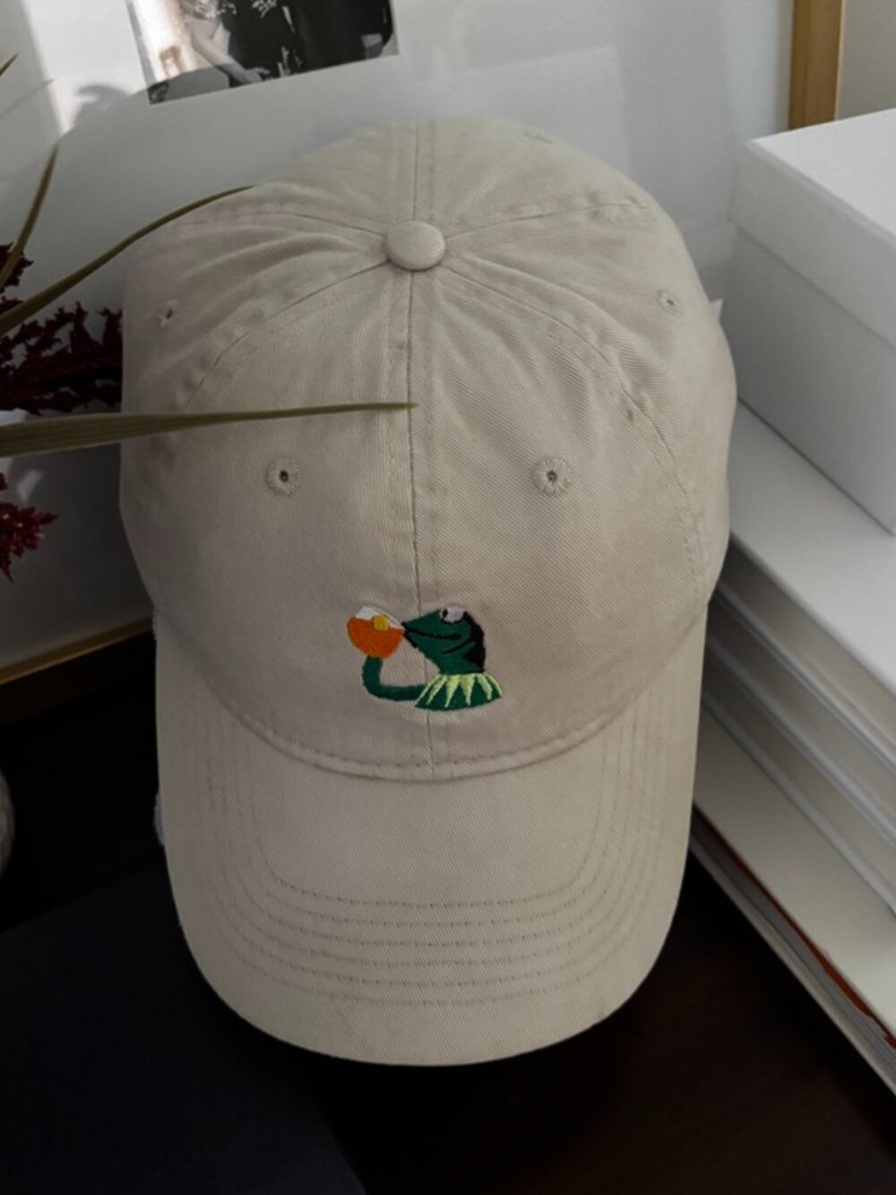 Kermit the Frog Drinking Embroidered Beige Adjustable Dad Hat